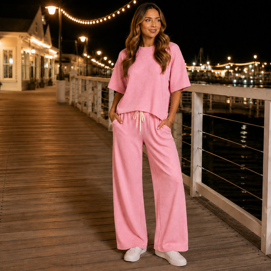 Coastal Candy Ribbed Two Piece Set Ribbed Short Sleeve Two Piece Set Pink