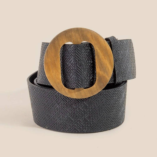 Weave Wooden Buckle Fashion Vegan Leather Belt