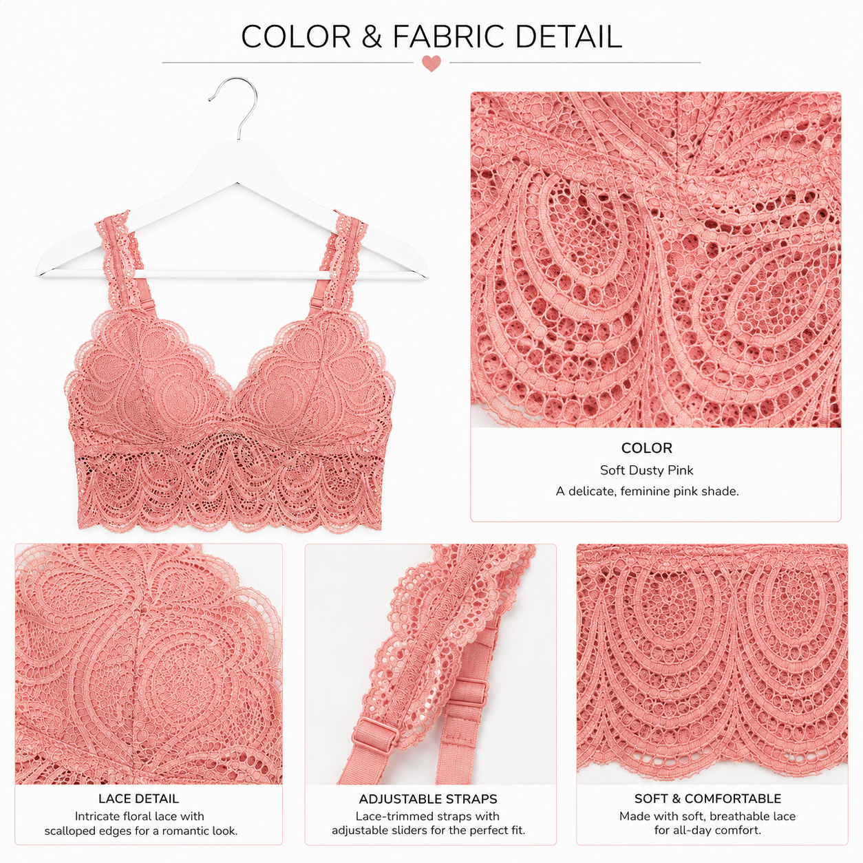 Coral Blossom Lace Bralette | Scalloped Floral Lace Brami with Adjustable Straps