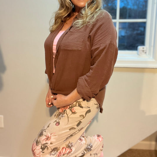 Beach to Boardwalk Long Sleeve Gauze Raw Edge Oversized Button Up