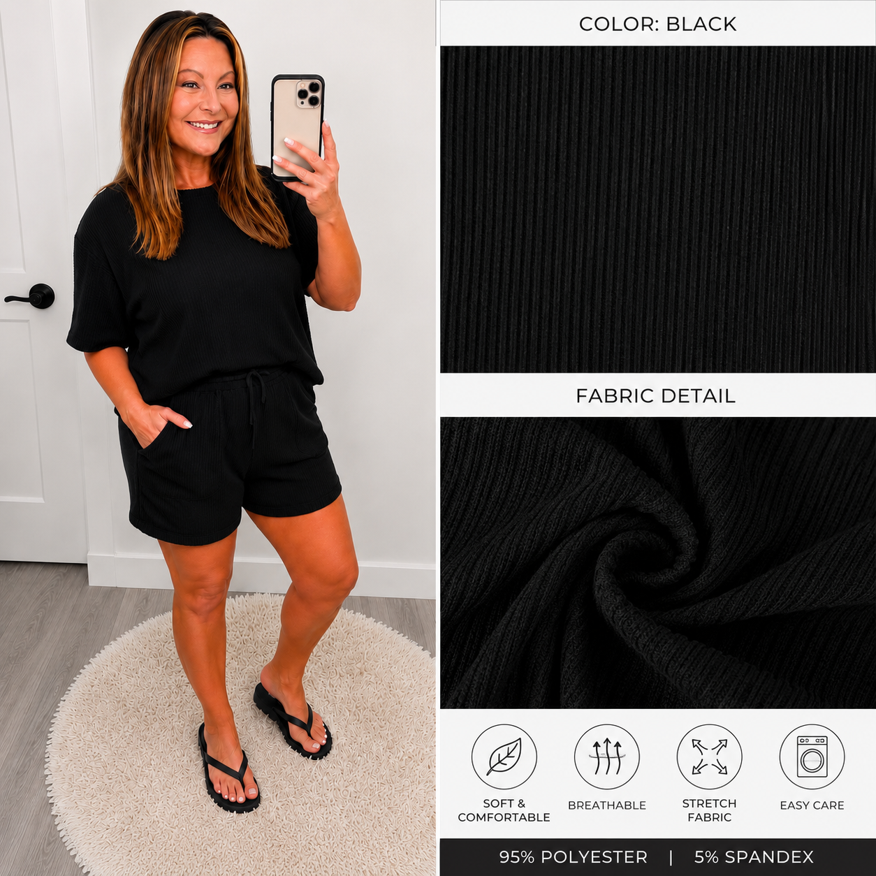Black Ribbed Two-Piece Lounge Set | Soft Knit Shorts Set
