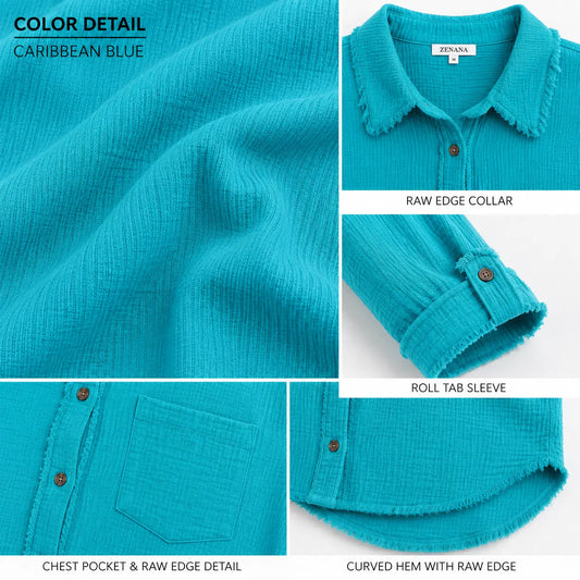 Coastal Breeze Raw Edge Gauze Button Down