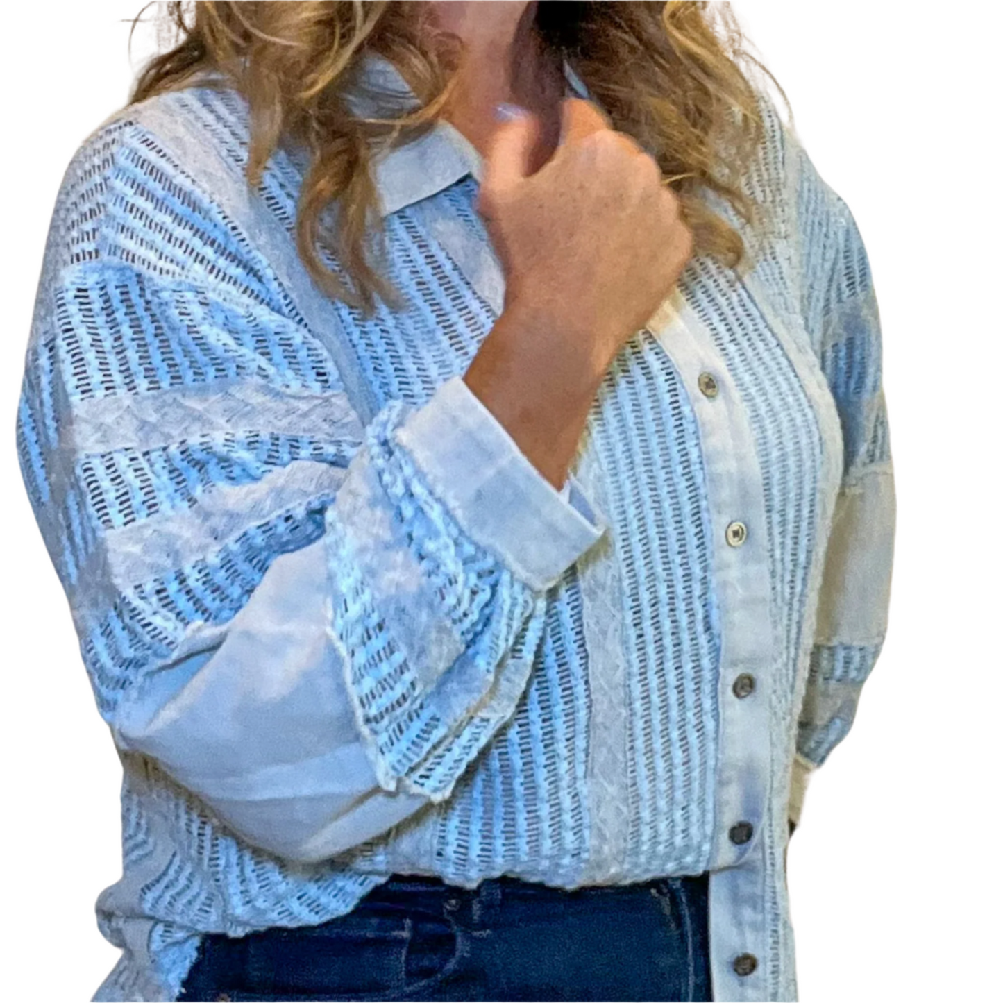 Gone Coastal Long Sleeve Button up Gauze Patchwork Top