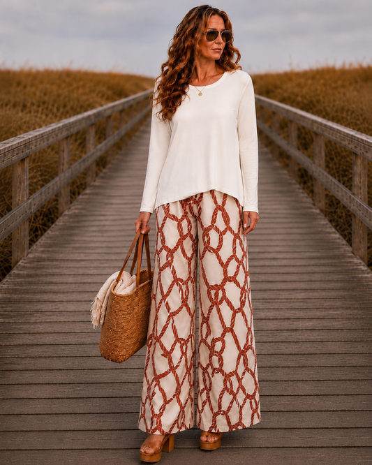 Coastal Rope Print Linen Blend Wide Leg Pants