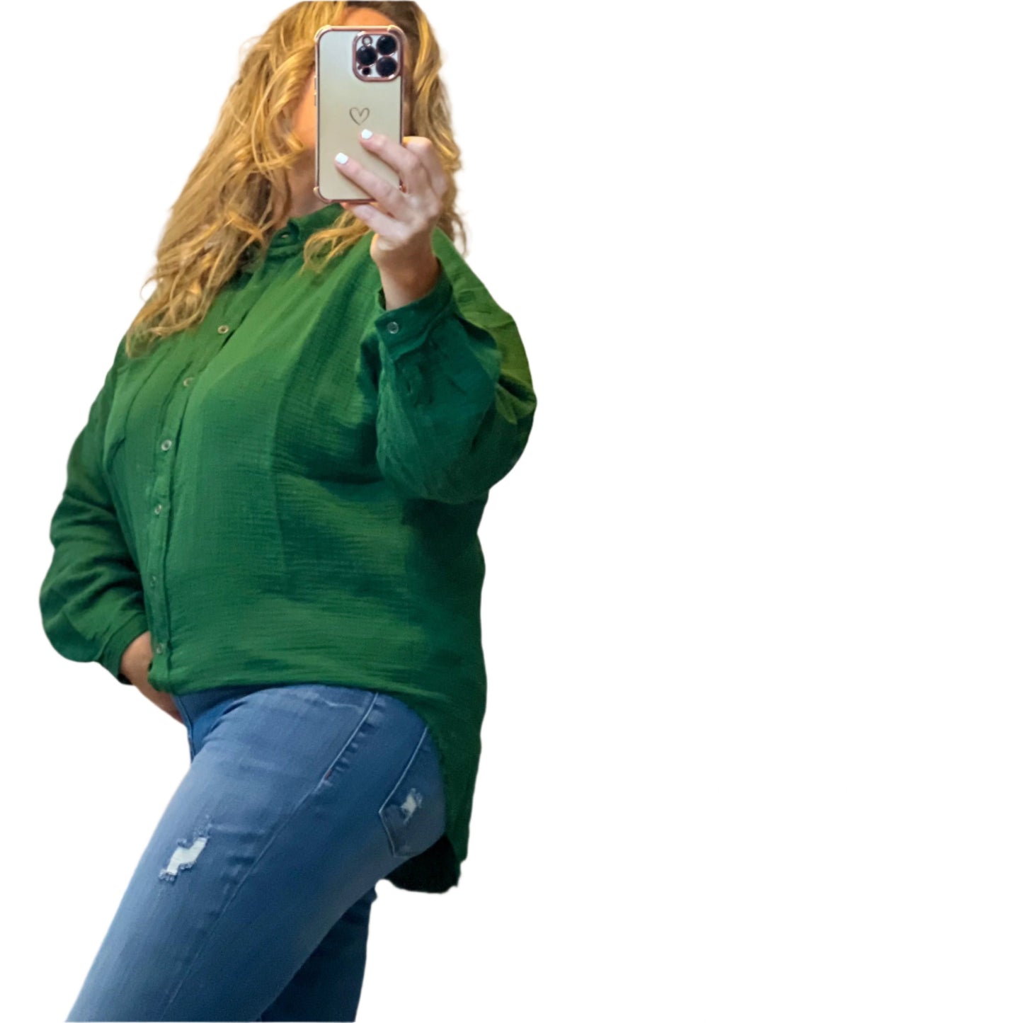 Pine Green Raw Edge Long Sleeve Button Up Oversized Top