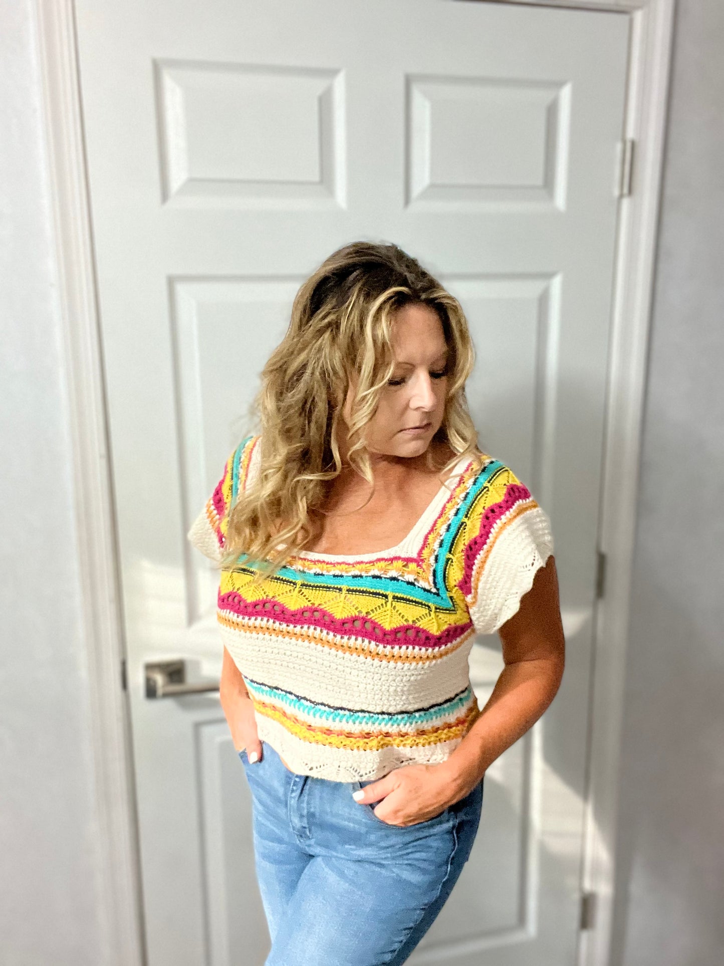 Bright Beachin Short Sleeve Square Neck Crop Crochet Sweater