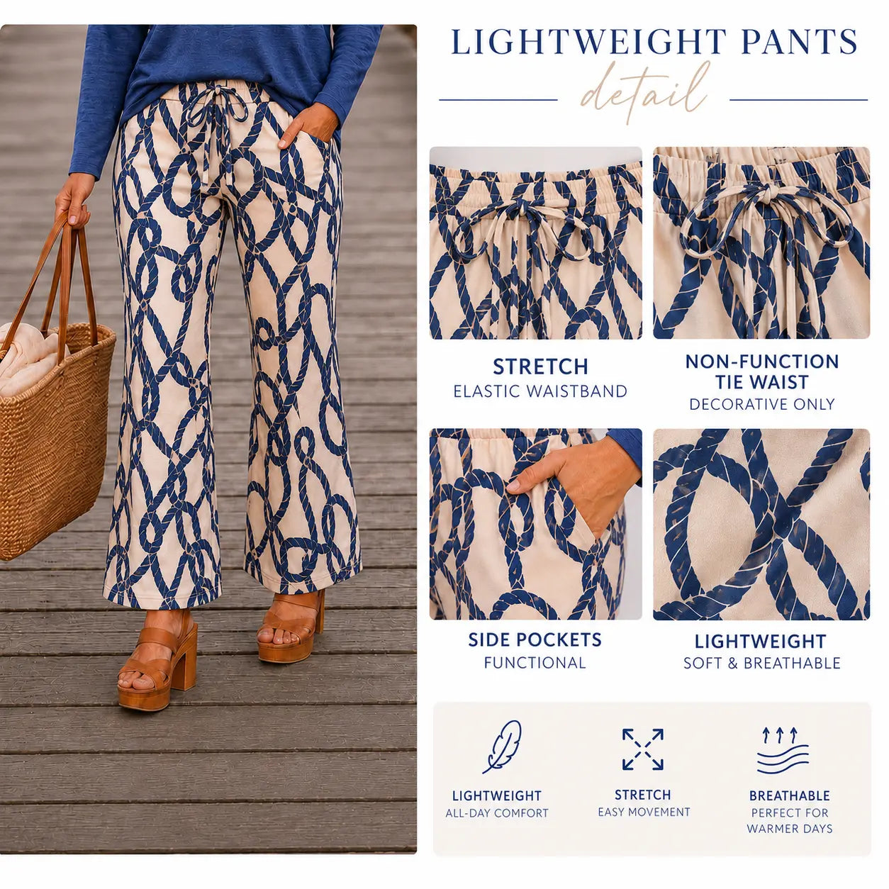 Coastal Rope Print Linen Blend Wide Leg Pants