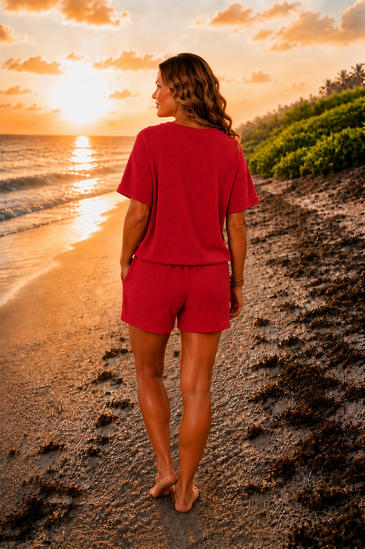 Ruby Red Ribbed Two-Piece Lounge Set | Adjustable Tie Waist