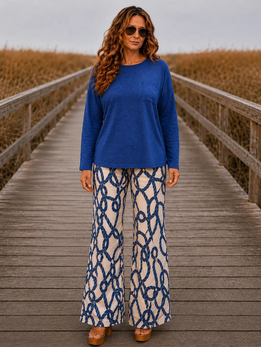 Coastal Rope Print Linen Blend Wide Leg Pants