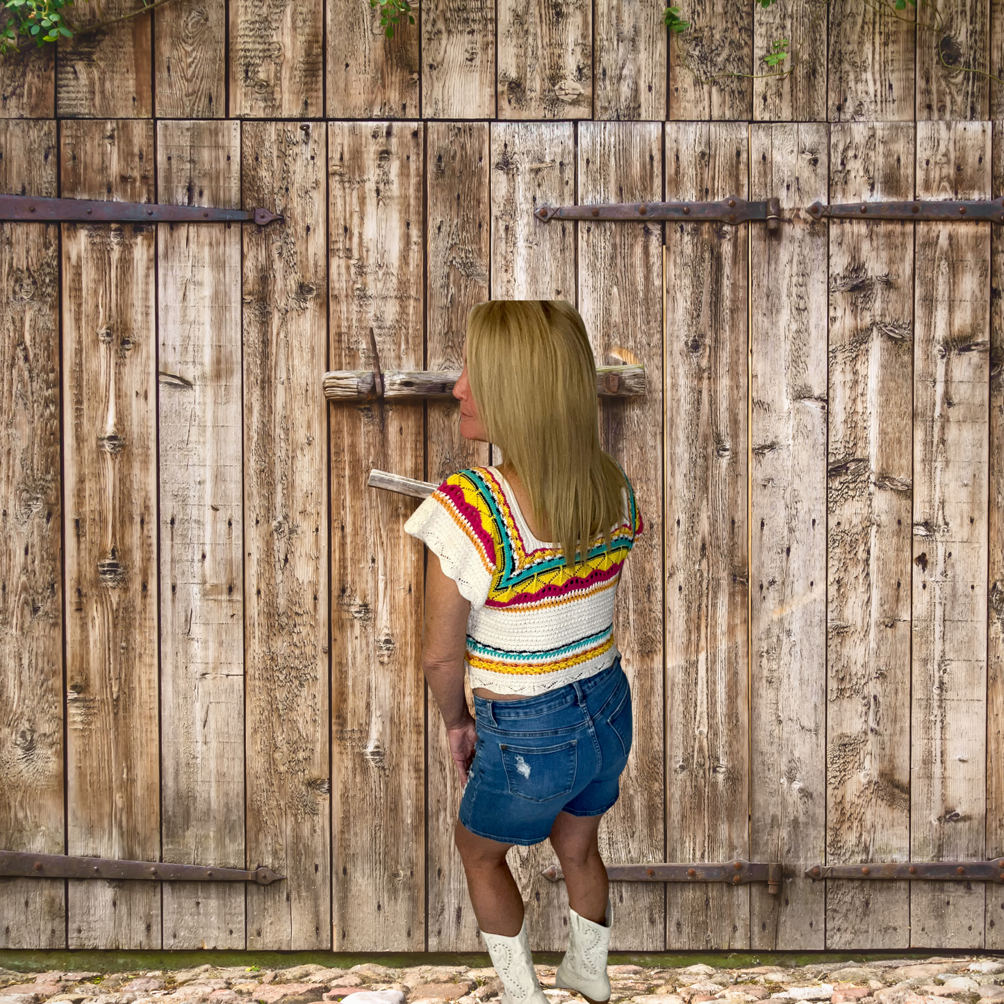 Bright Beachin Short Sleeve Square Neck Crop Crochet Sweater