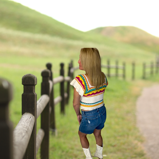 Bright Beachin Short Sleeve Square Neck Crop Crochet Sweater