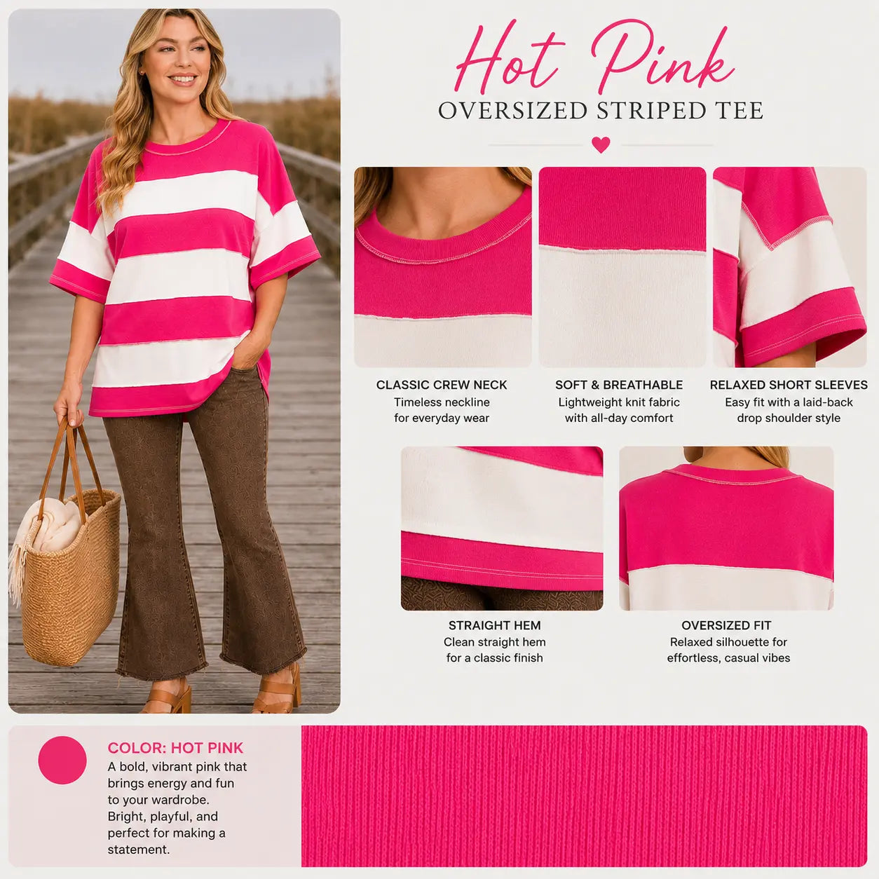 Coastal Drift Oversized Striped Top Hot Pink
