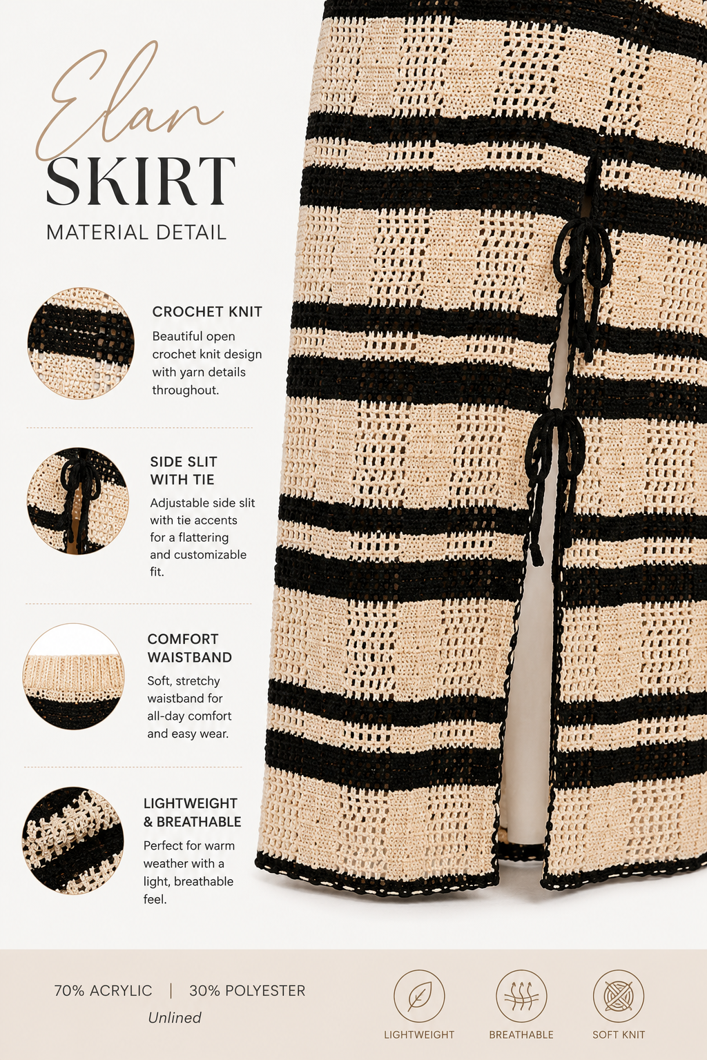 Elan Coastal Crochet Stripe Side Slit Maxi Skirt