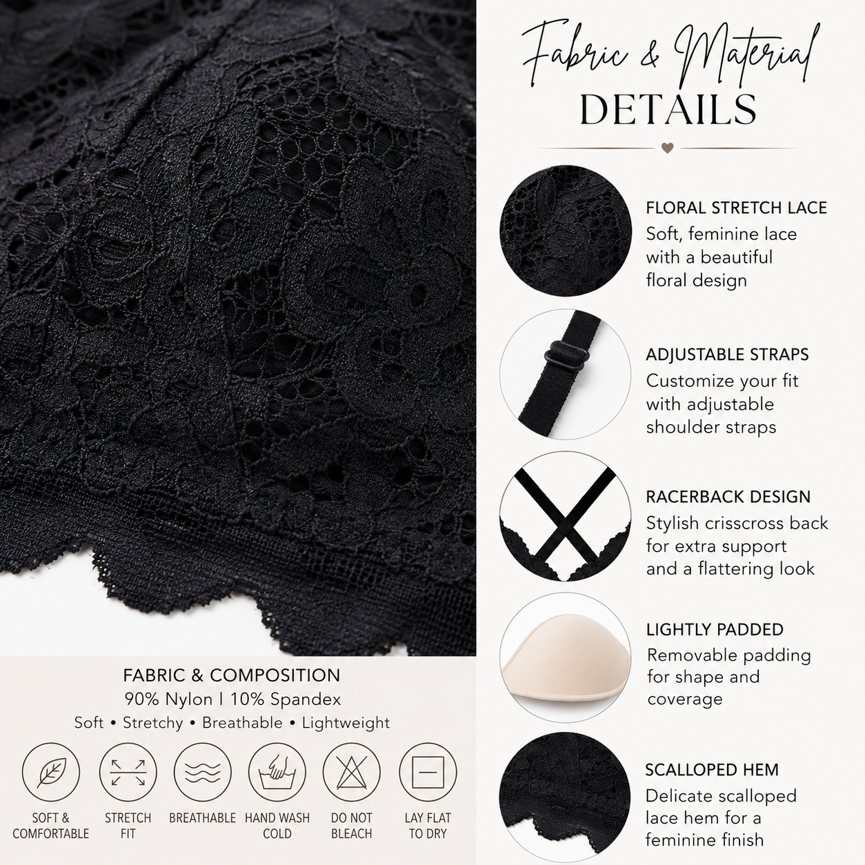 Floral Lace Adjustable Strap Stretch Bralette | Black