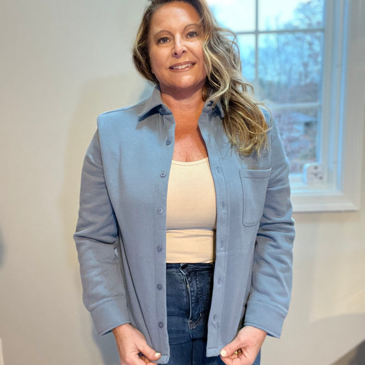 Shacket with me at the Beach Long Sleeve Pocket Button Up Waist Length Shacket Various Colors