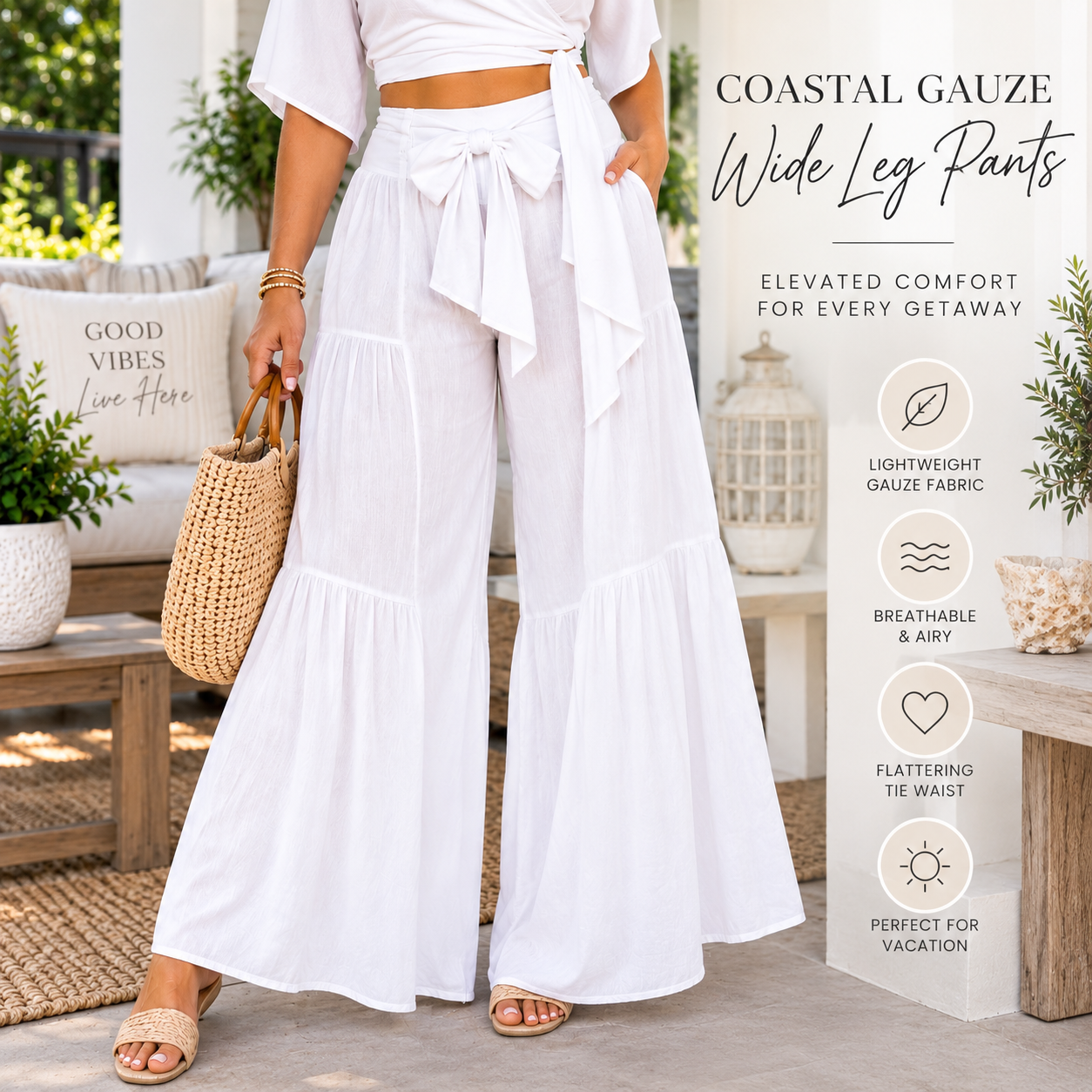 Coastal Escape Tie-Waist Wide Leg Pants – White