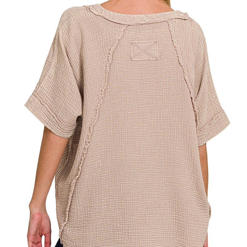 Coastal Breeze Short Sleeve Exposed Seam Acid Washed Top