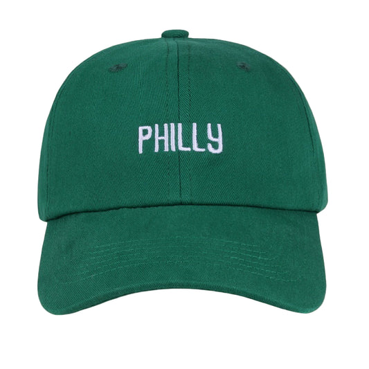 Green cap with 'PHILLY' text on a beige background