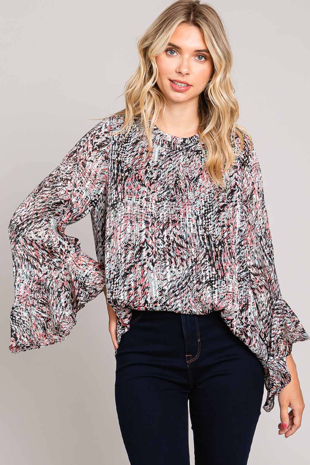 Bahama Mama Abstracted Prints Flow Ruffle Sleeve Top
