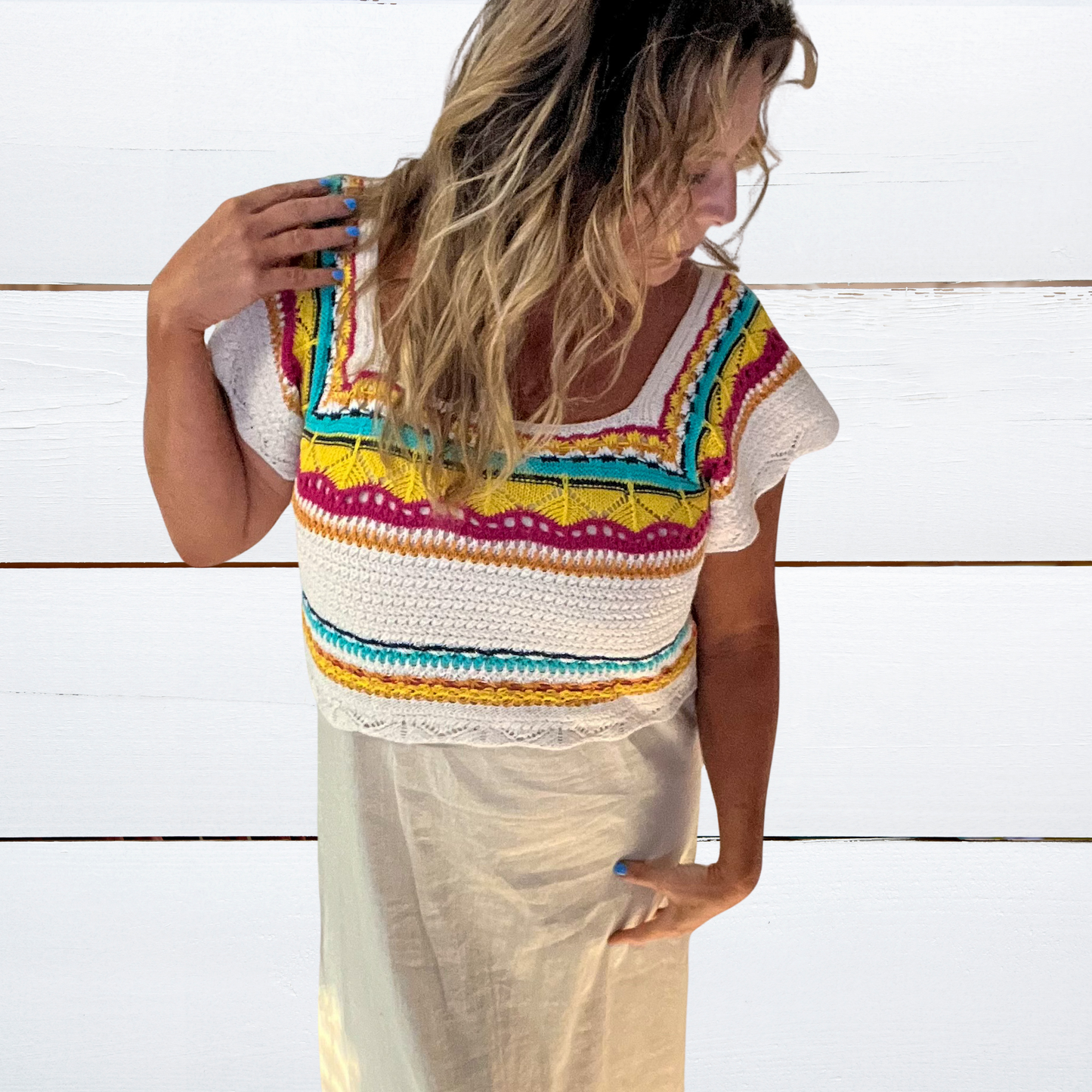 Bright Beachin Short Sleeve Square Neck Crop Crochet Sweater