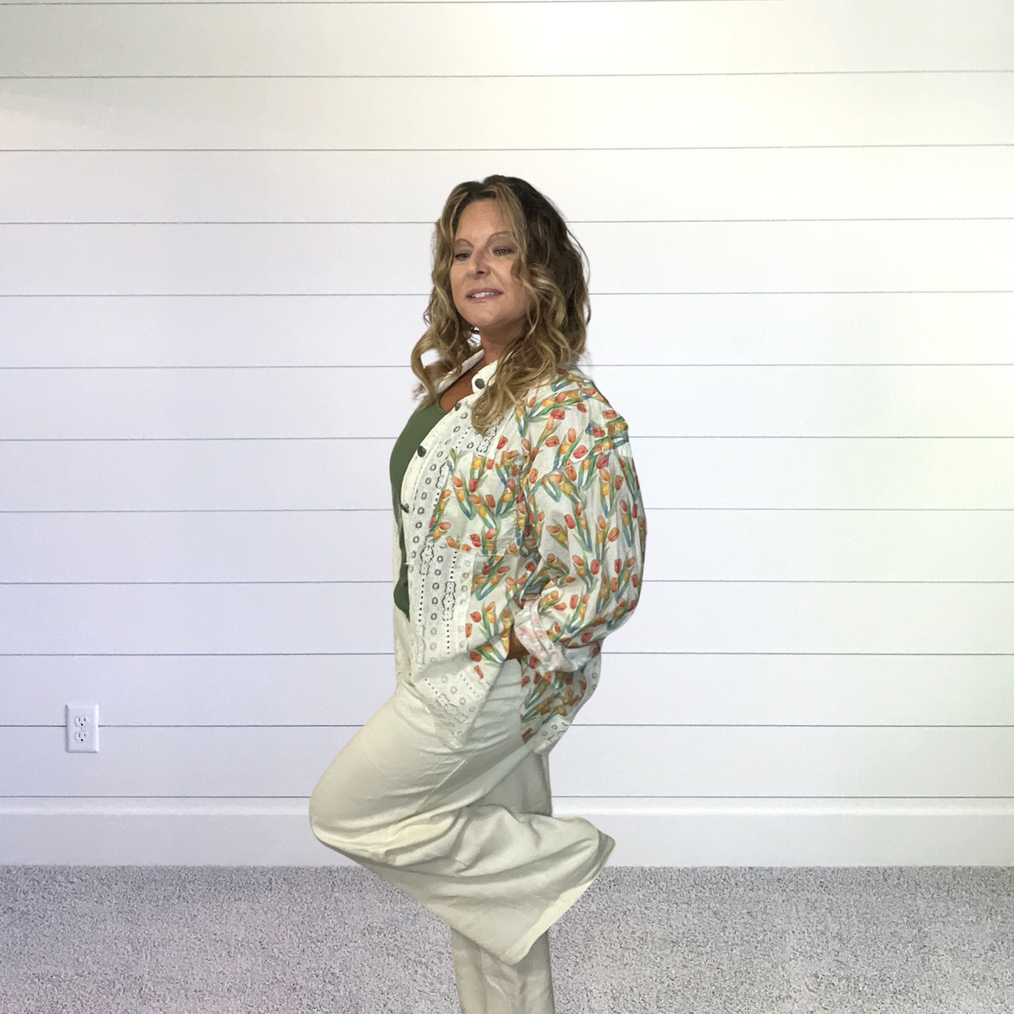 Tulips at the Beach Long Sleeve Lace Trim and button Details Shirt