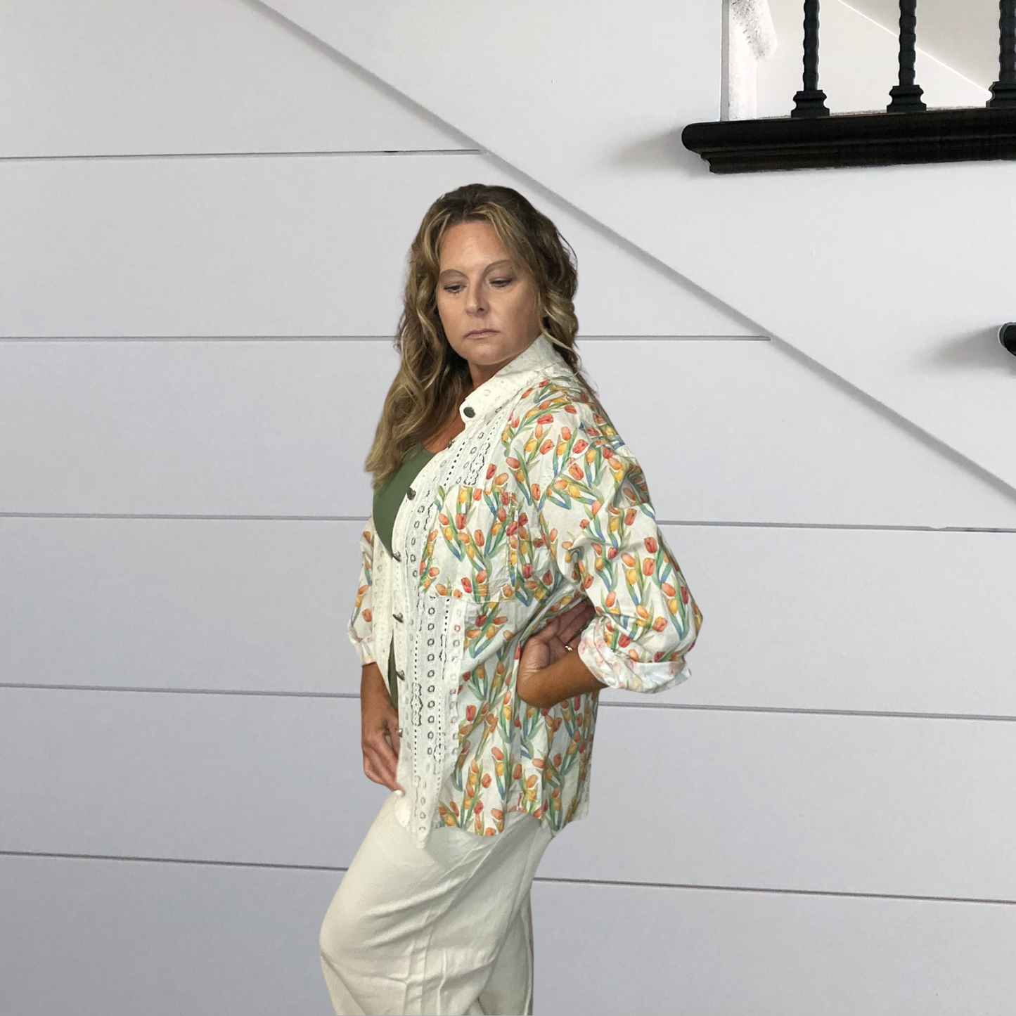 Tulips at the Beach Long Sleeve Lace Trim and button Details Shirt