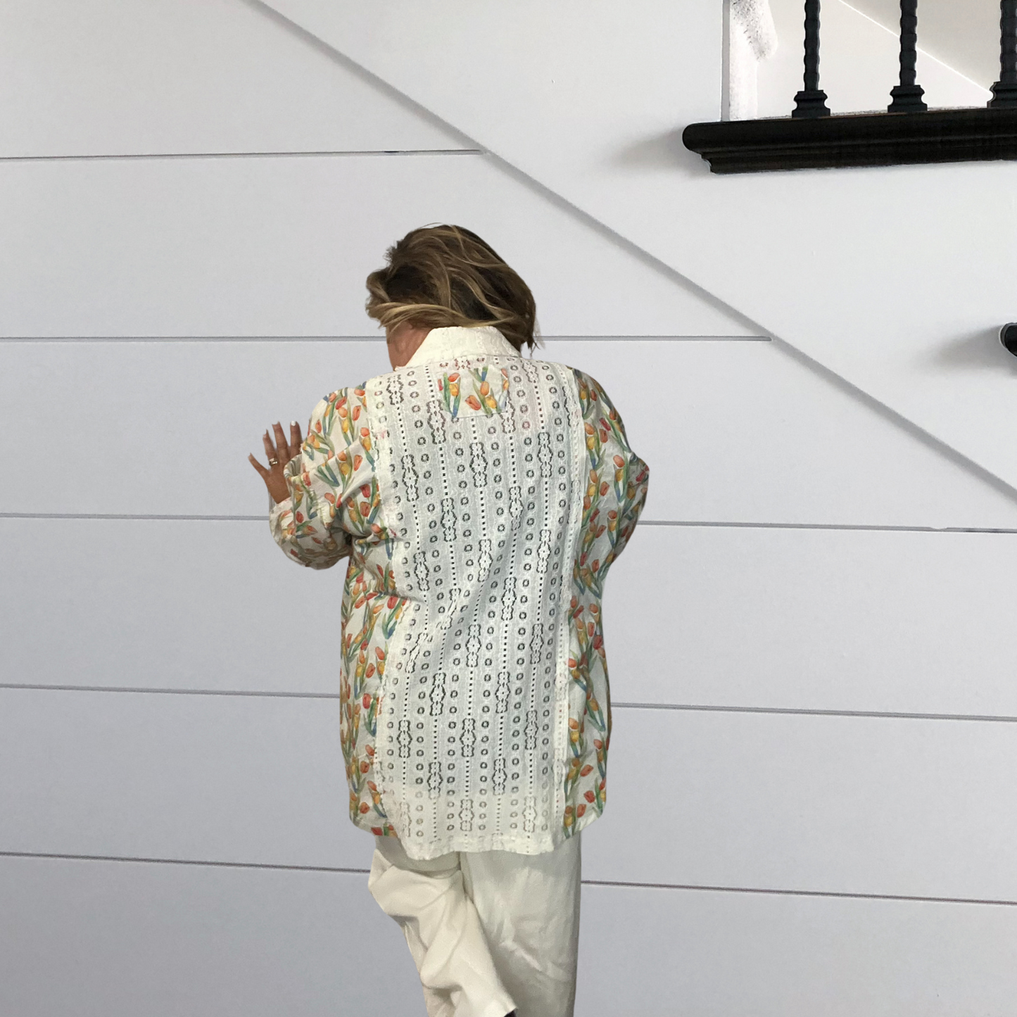 Tulips at the Beach Long Sleeve Lace Trim and button Details Shirt