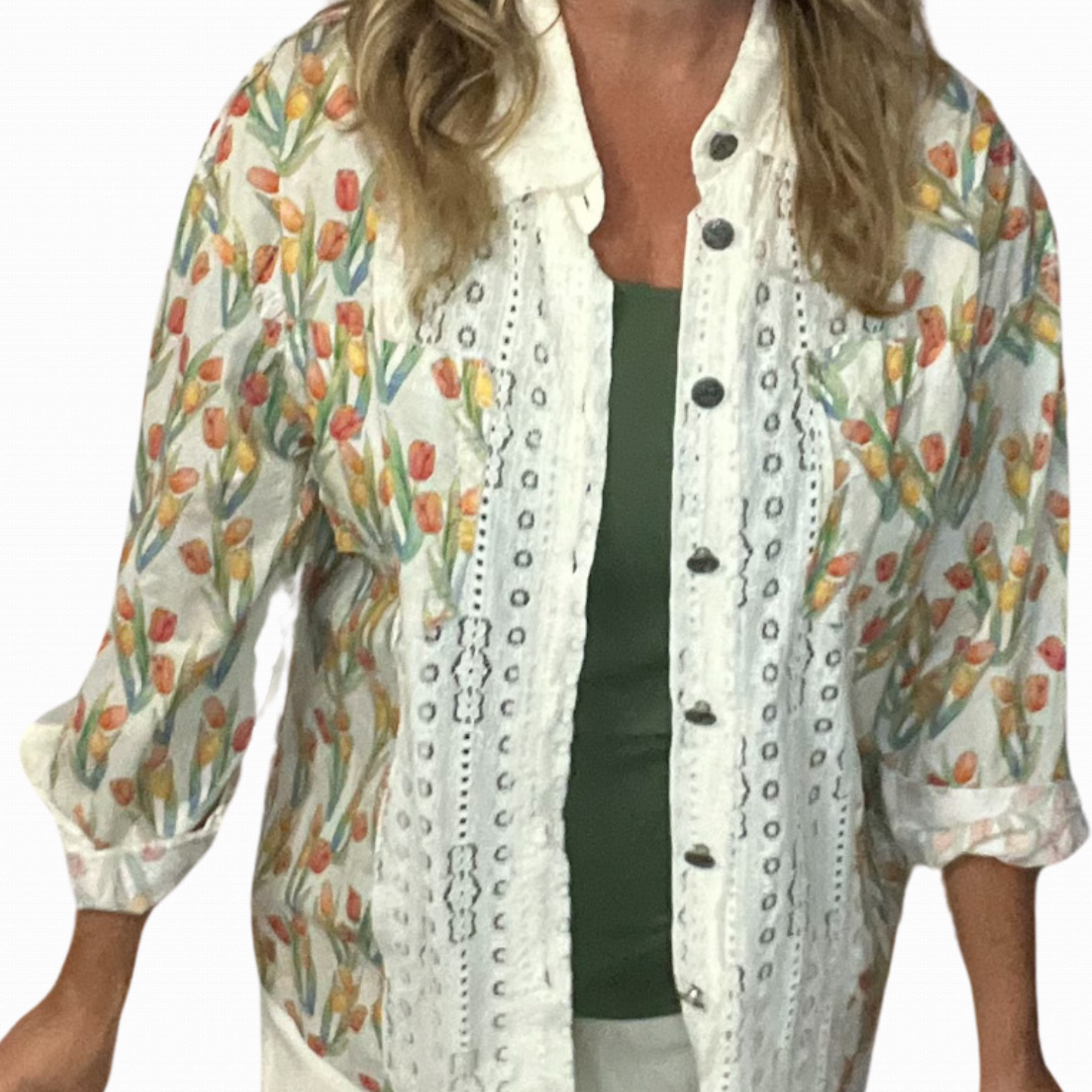 Tulips at the Beach Long Sleeve Lace Trim and button Details Shirt