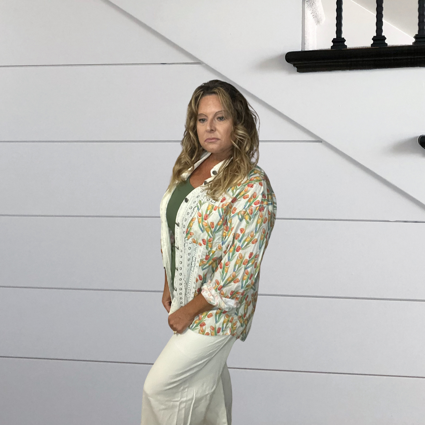 Tulips at the Beach Long Sleeve Lace Trim and button Details Shirt