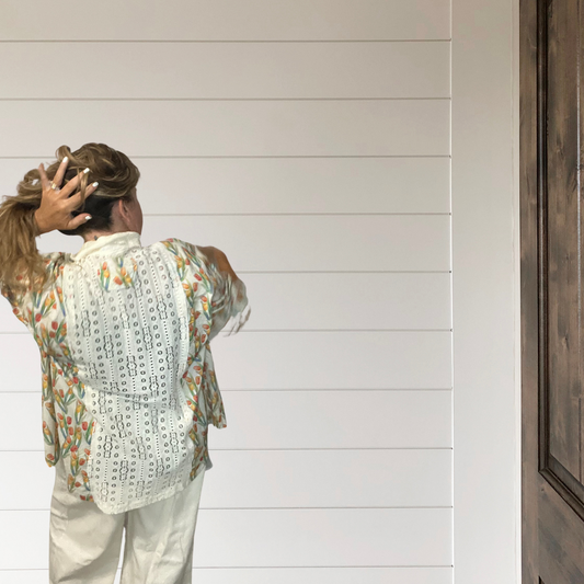 Tulips at the Beach Long Sleeve Lace Trim and button Details Shirt