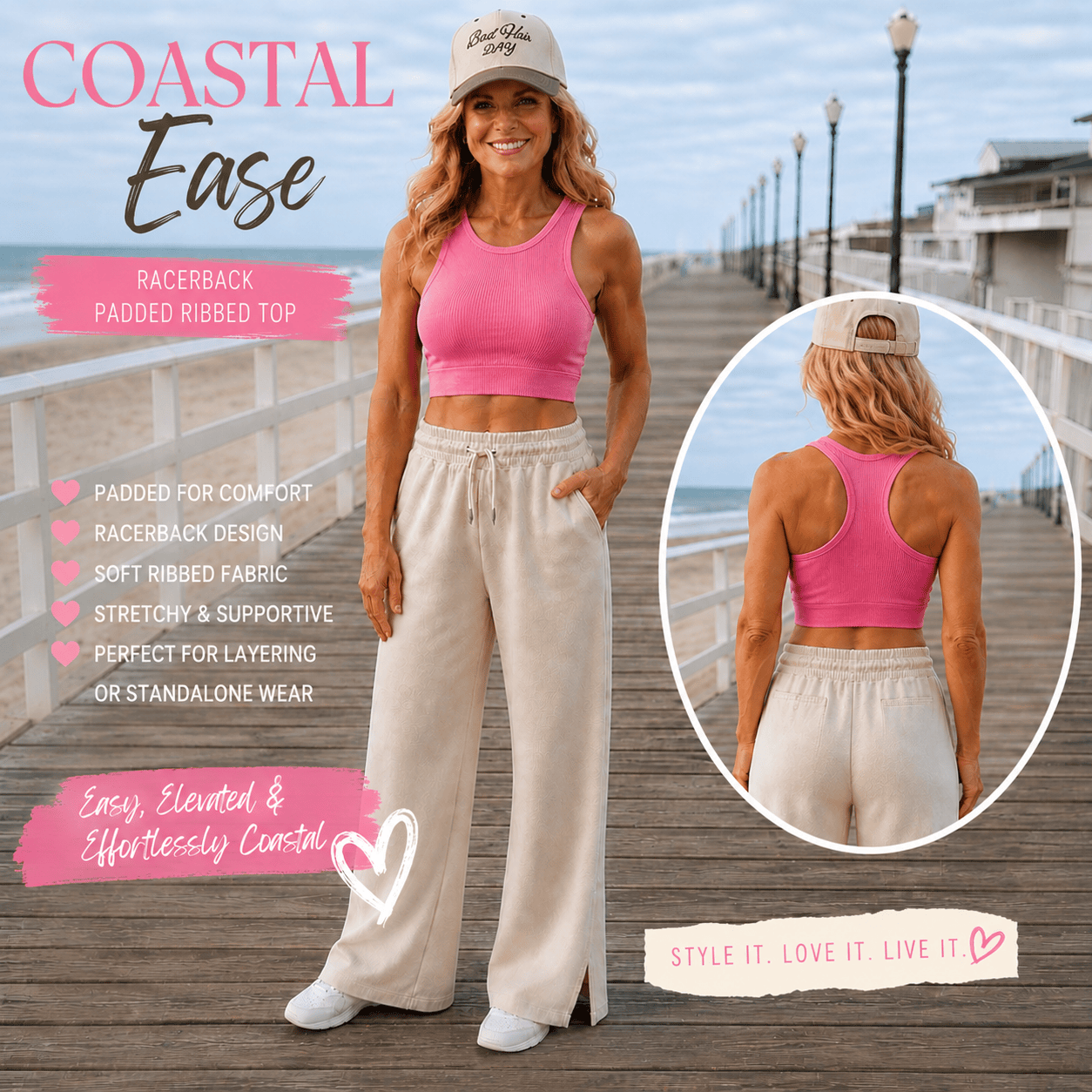 Coastal Ease Racerback Padded Crop Tank Top Hot Pink
