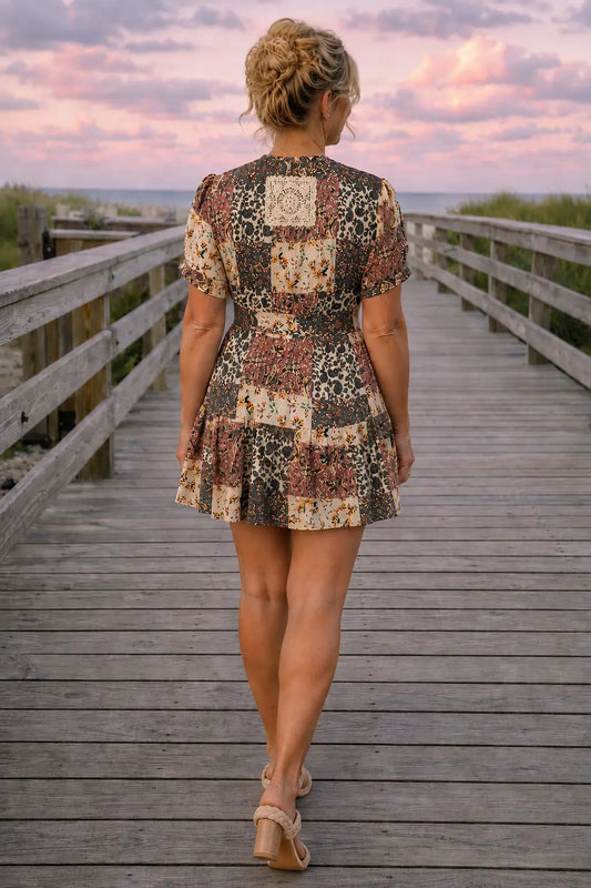 POL Coastal Patchwork Lace Detail Mini Dress