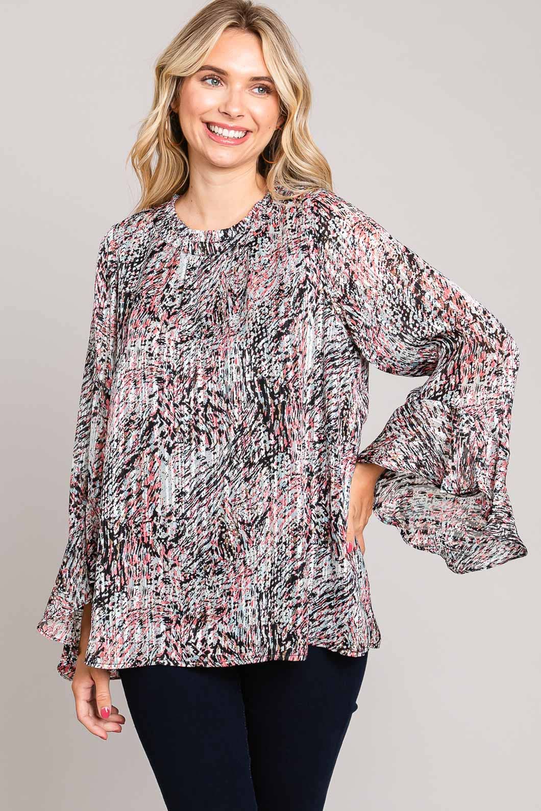 Bahama Mama Abstracted Prints Flow Ruffle Sleeve Top