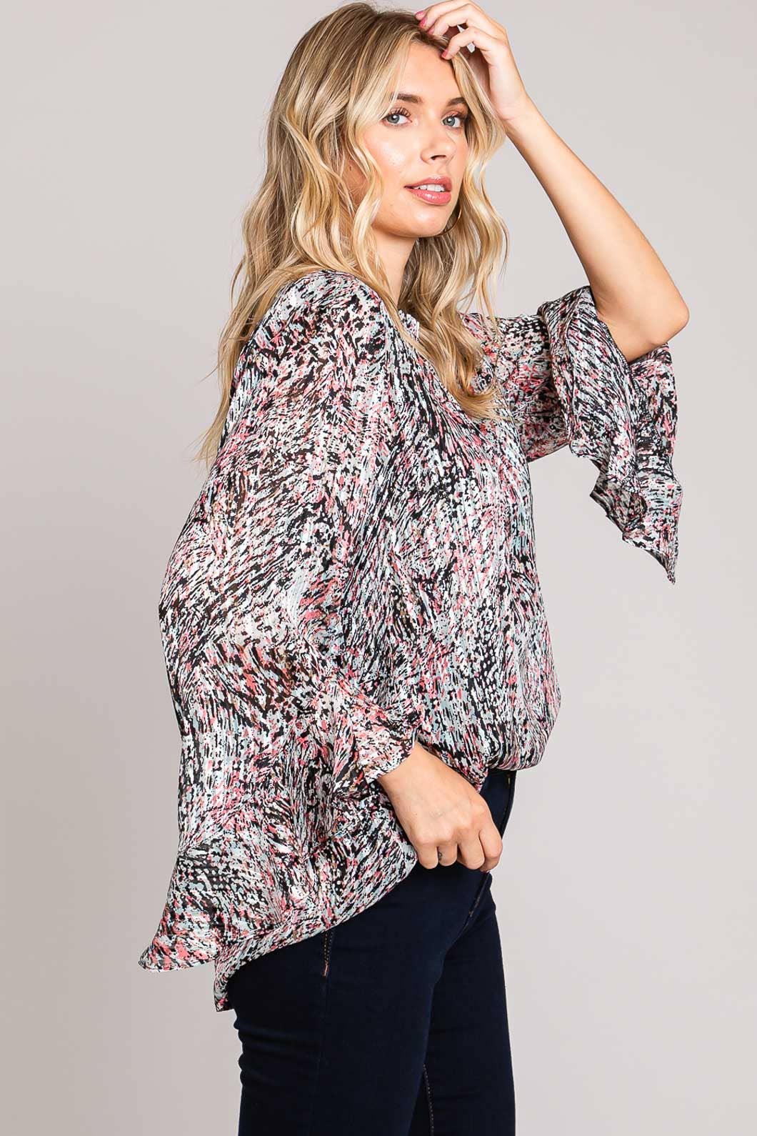Bahama Mama Abstracted Prints Flow Ruffle Sleeve Top