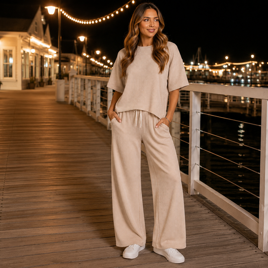 Beach Babe Ribbed Short Sleeve Two Piece Set