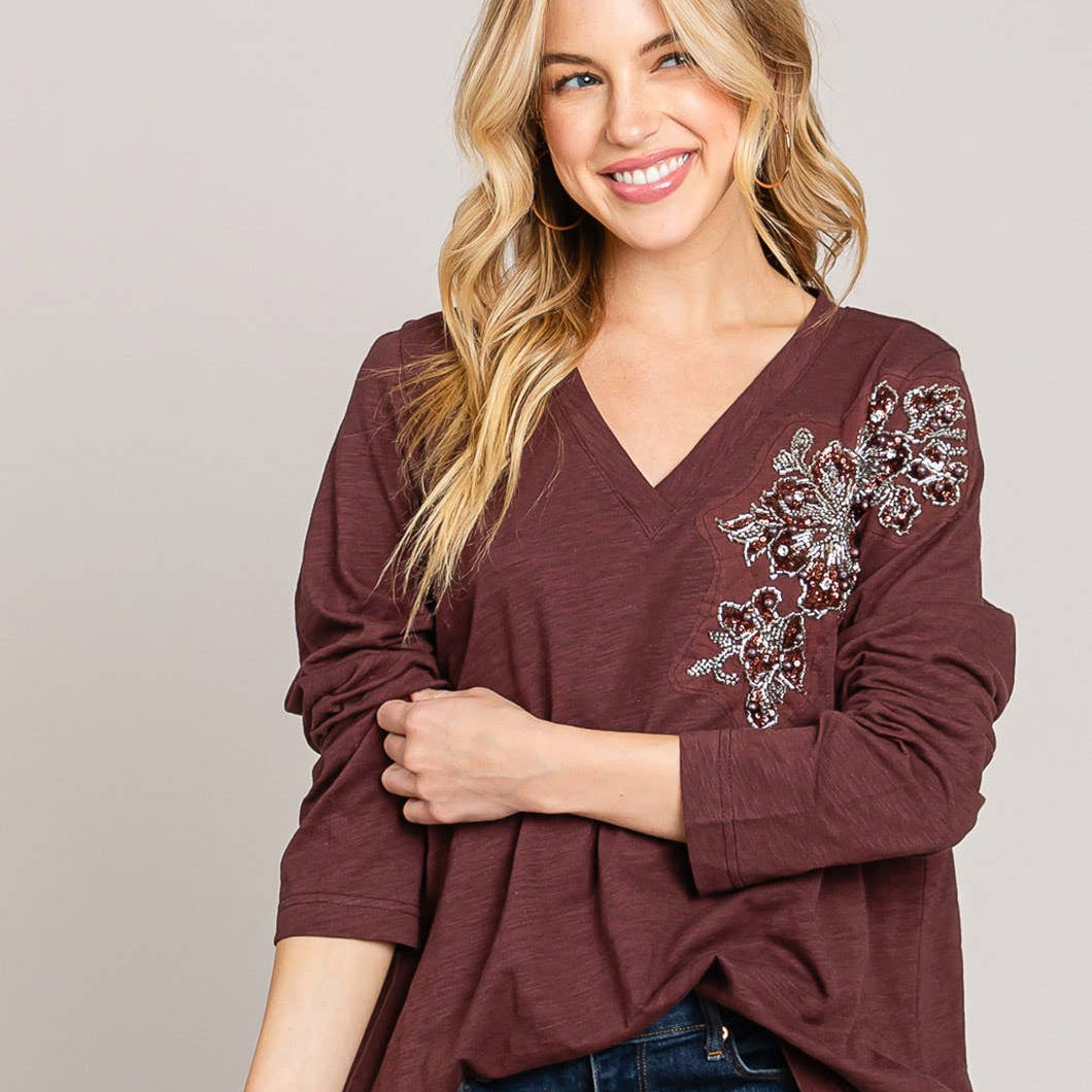 Glam Time V-Neck Long Sleeve  Bead Detail Top