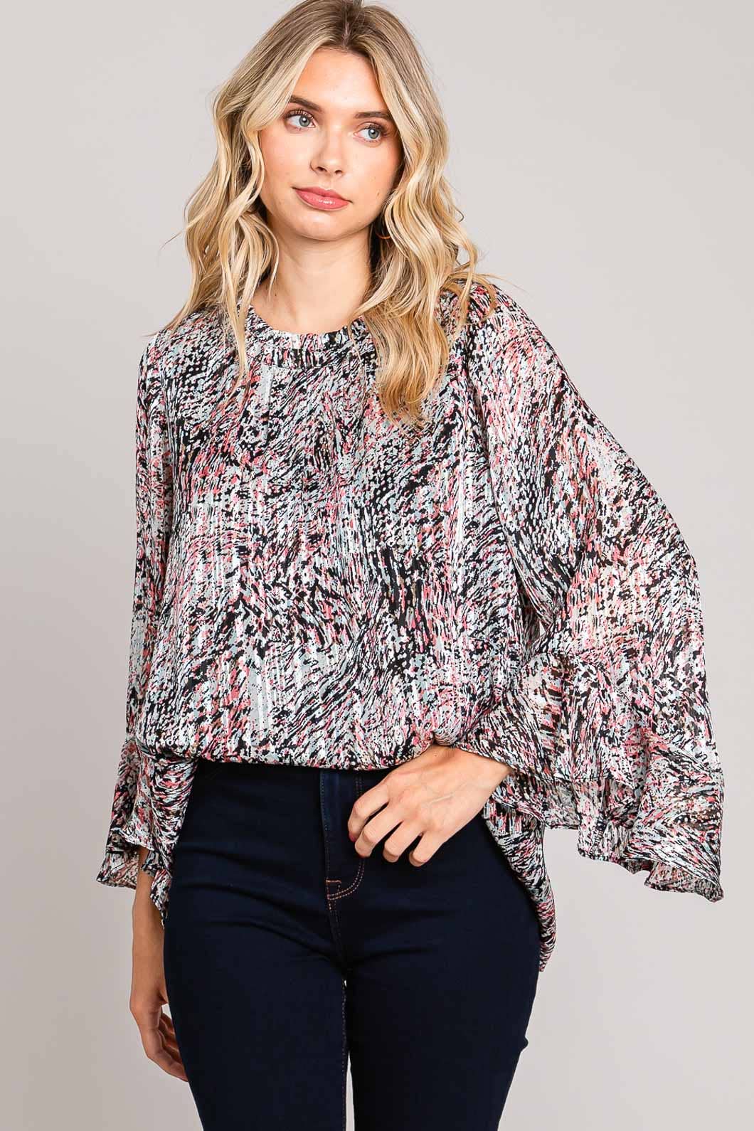 Bahama Mama Abstracted Prints Flow Ruffle Sleeve Top