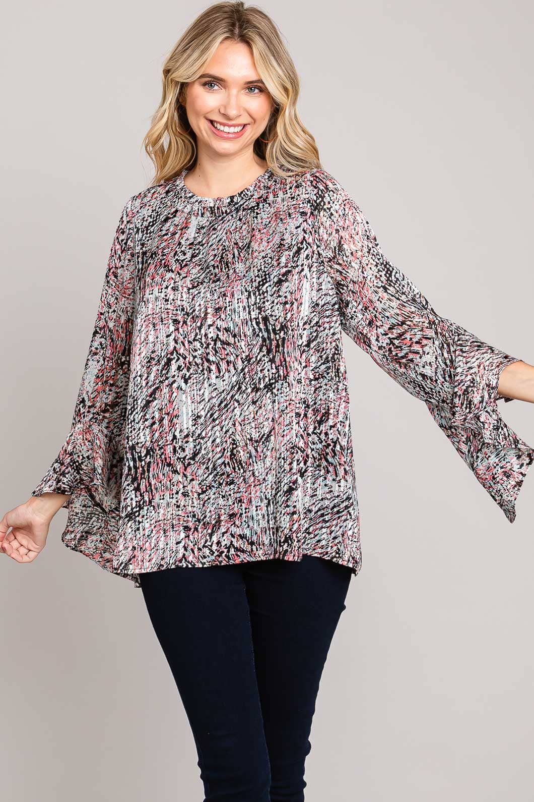 Bahama Mama Abstracted Prints Flow Ruffle Sleeve Top