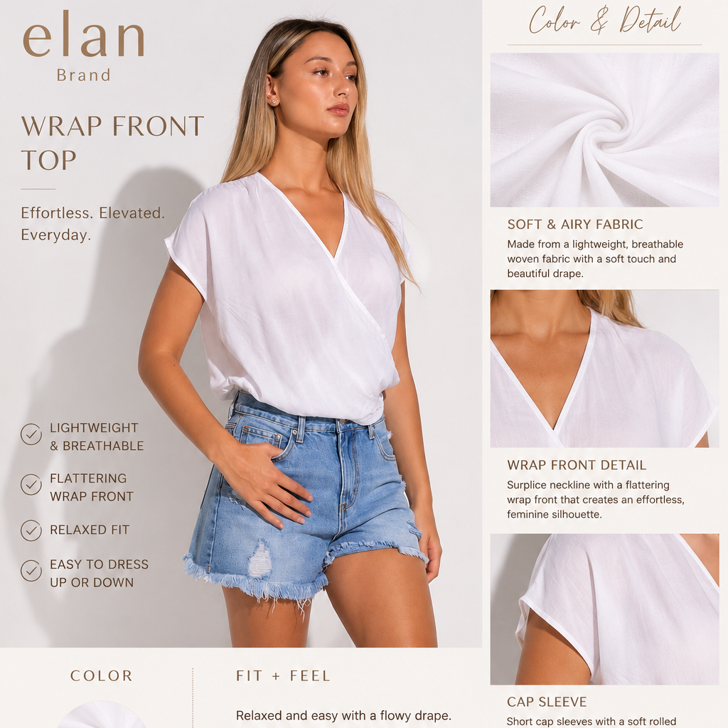 Elan Effortless Elegance Wrap Front Top – White
