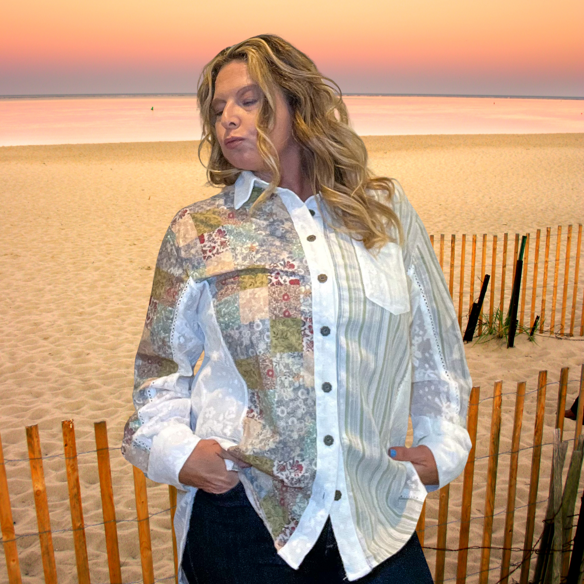 Beach Garden Long Sleeve Flower and Striped Detailed Pattern Oversized Button up