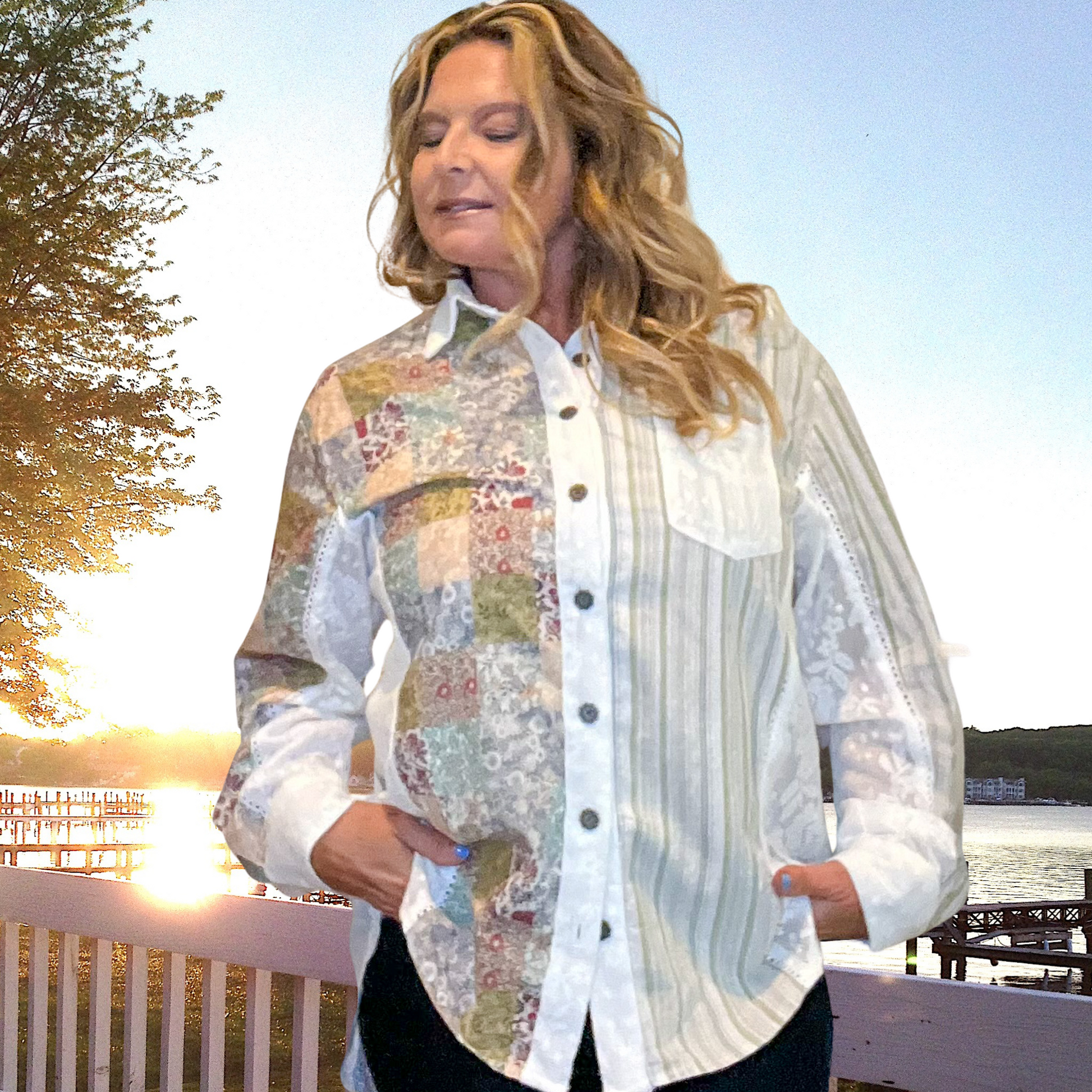 Beach Garden Long Sleeve Flower and Striped Detailed Pattern Oversized Button up