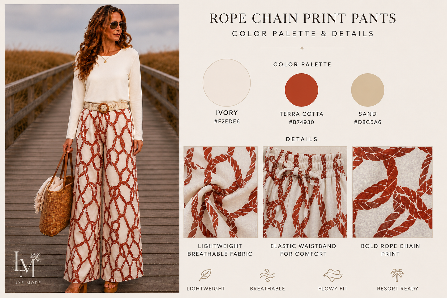 Coastal Rope Print Linen Blend Wide Leg Pants