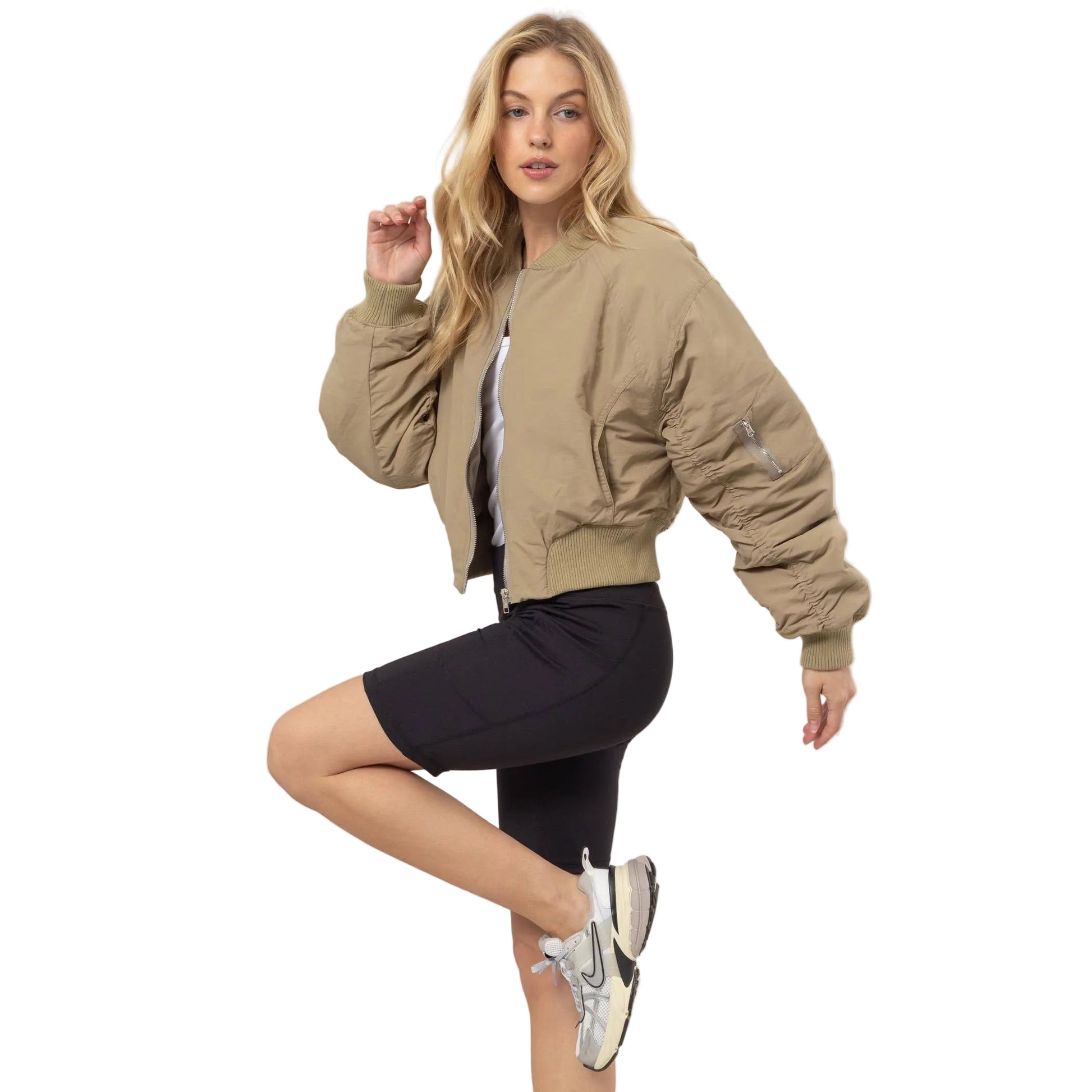 Coastal Street Breeze Ruched Bomber Puffer Jacket