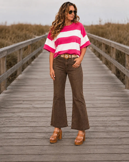Coastal Drift Oversized Striped Top Hot Pink