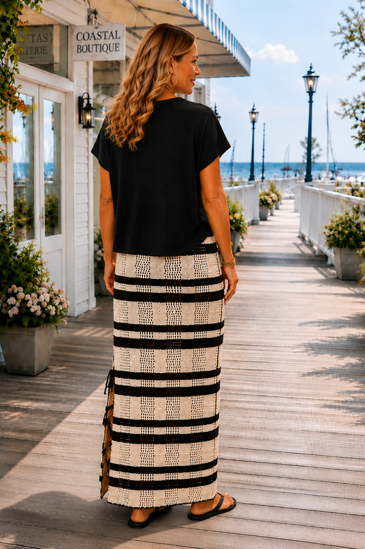 Elan Coastal Crochet Stripe Side Slit Maxi Skirt