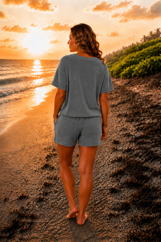 Gray Ribbed Two-Piece Lounge Set | Soft Knit Adjustable Tie Waist Shorts Set