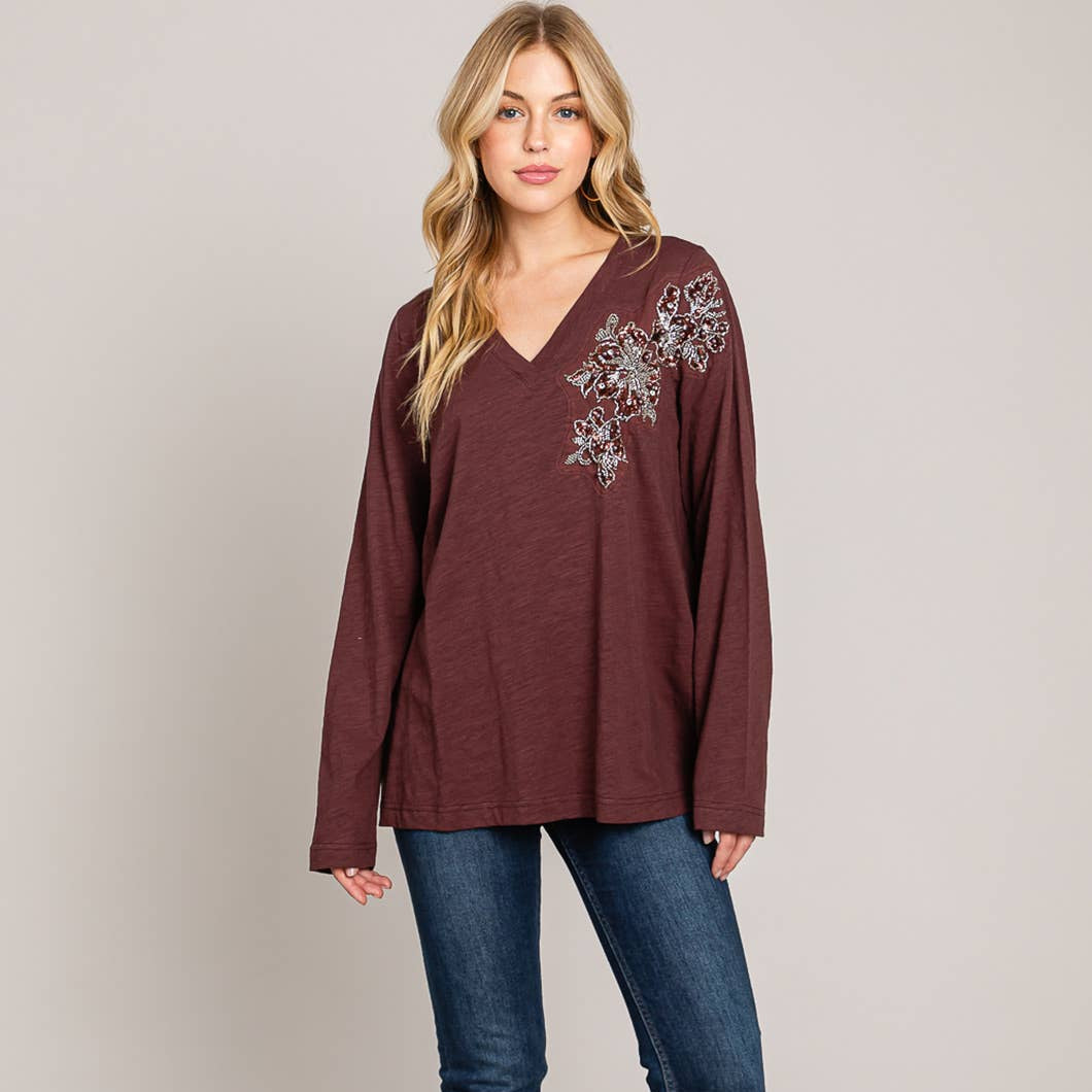 Glam Time V-Neck Long Sleeve  Bead Detail Top