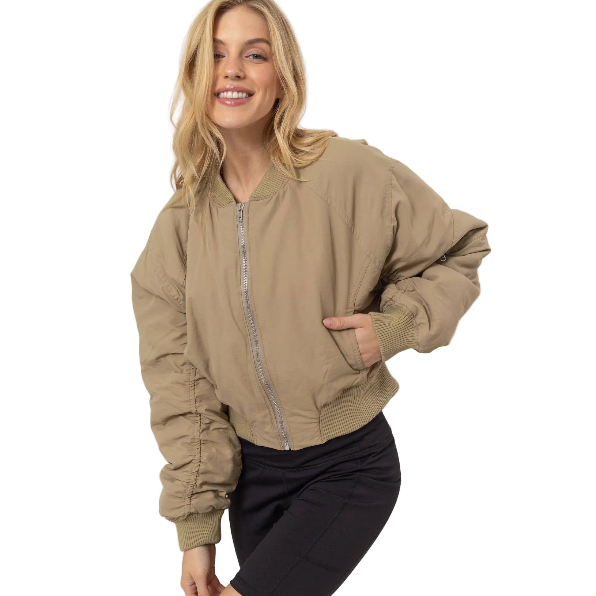 Coastal Street Breeze Ruched Bomber Puffer Jacket
