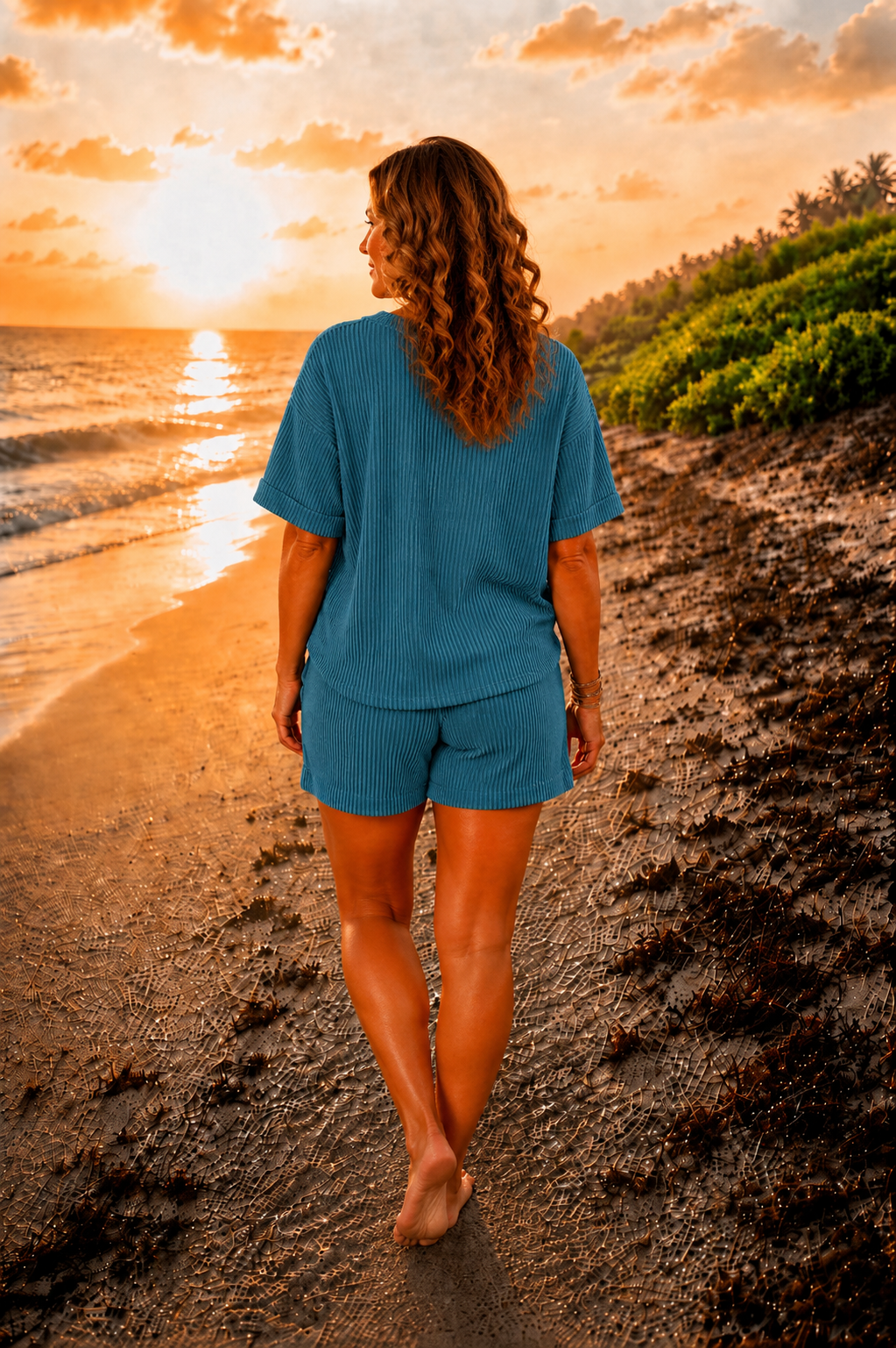 Teal Blue Ribbed Relaxed Fit Two Piece Shorts Set | Soft Knit Lounge Set
