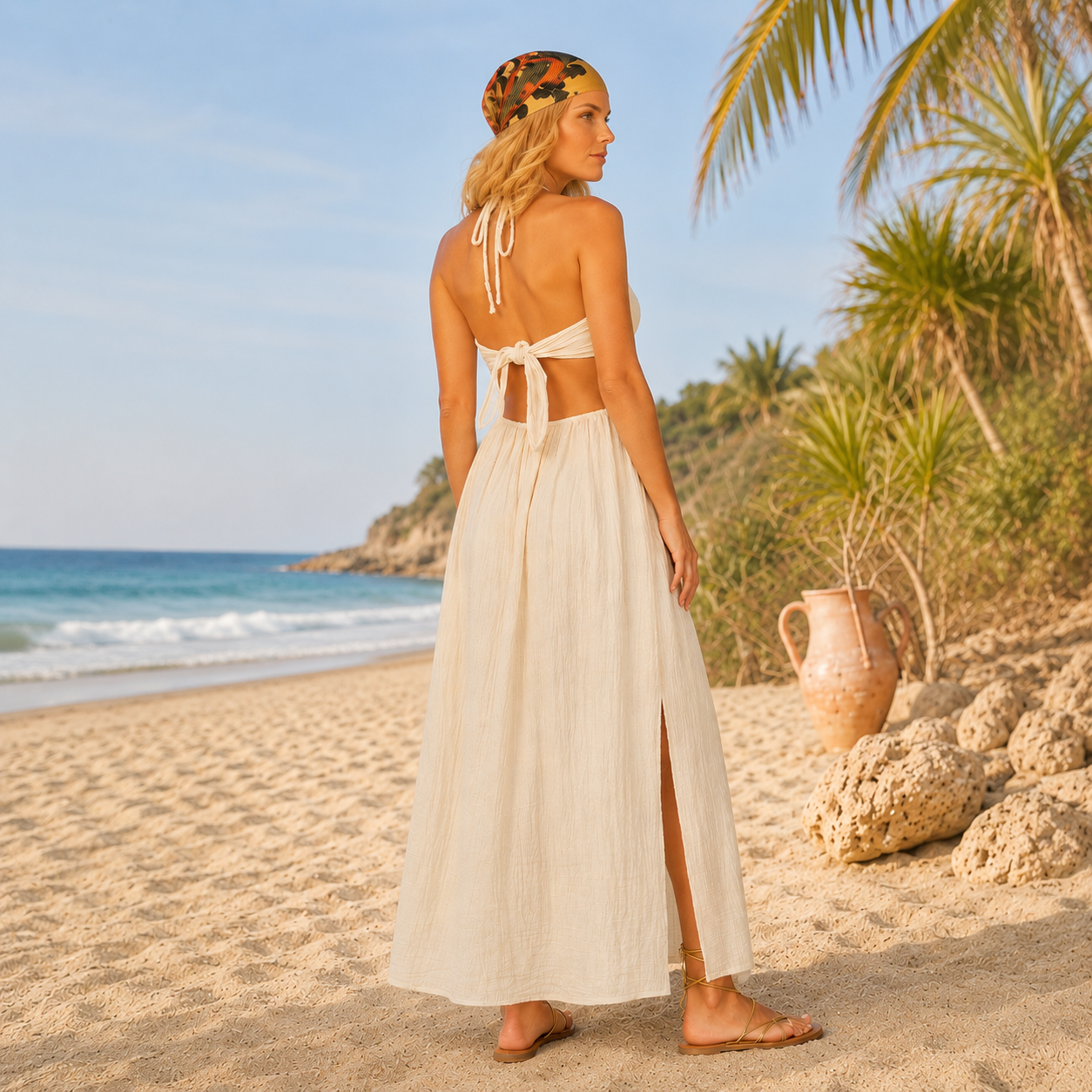 Coastal Escape Gauze Cutout Maxi Dress –Sand – Cottage Beach Boutique